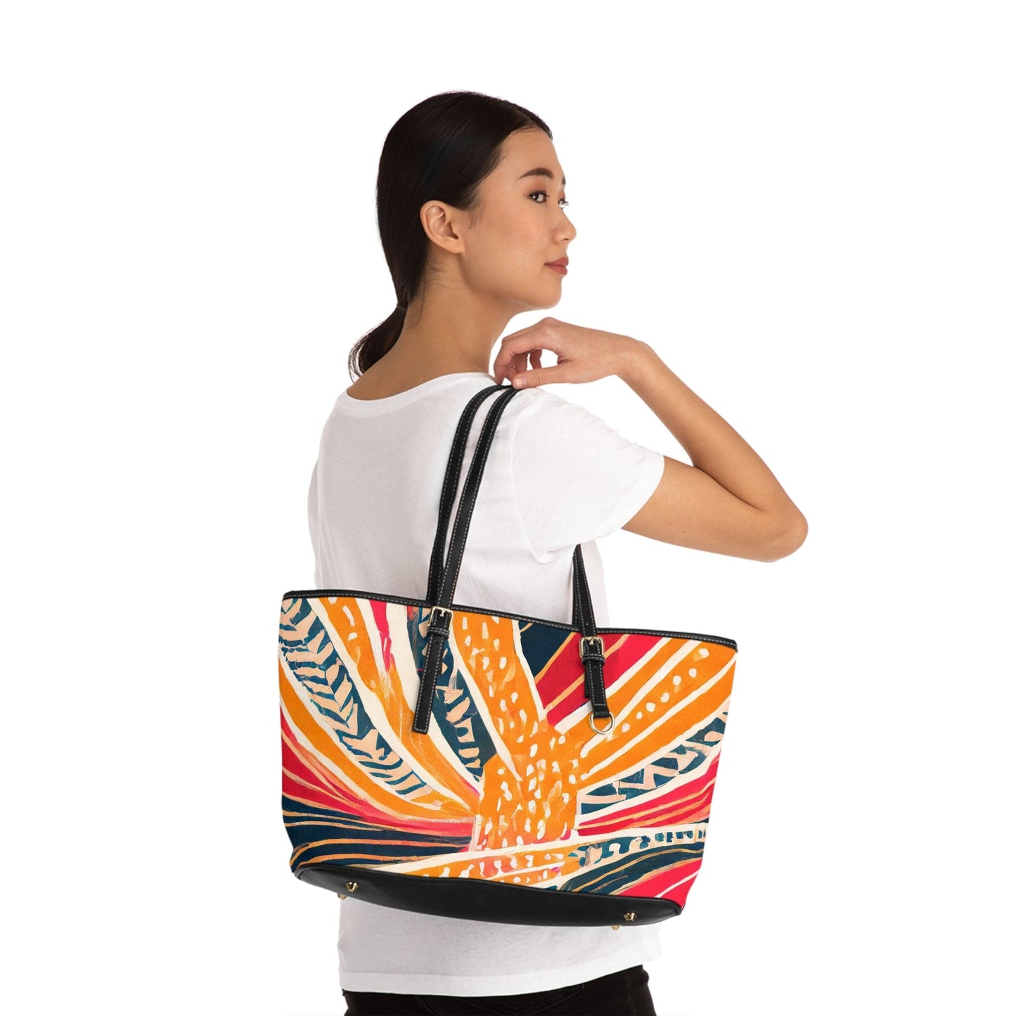 Large Leather Tote Shoulder Bag, Boho Multicolor Print