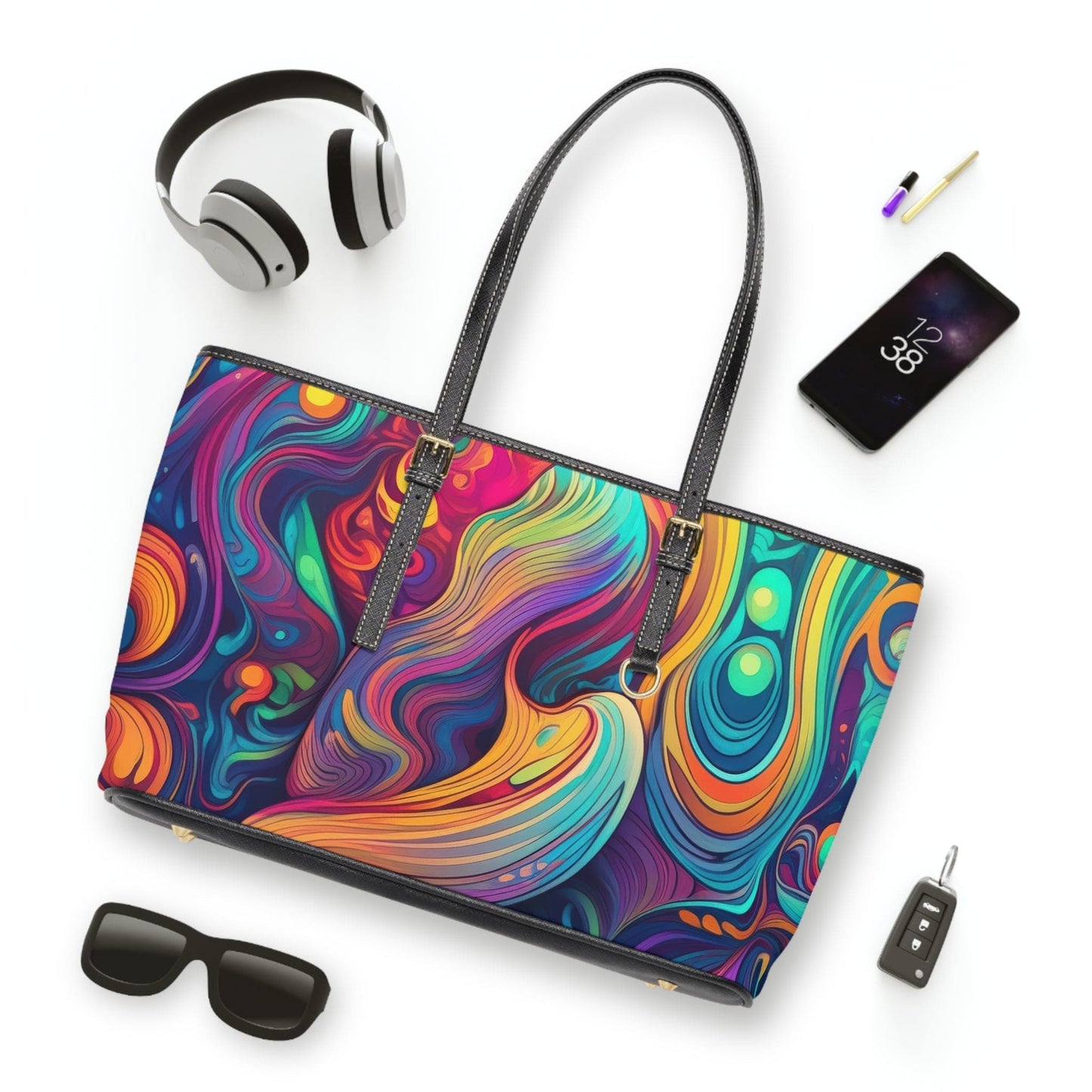 Large Leather Tote Shoulder Bag, Vibrant Psychedelic Kaleidoscope Boho