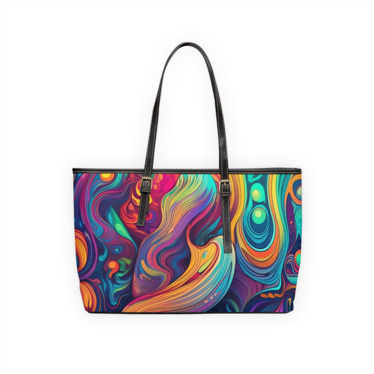 Large Leather Tote Shoulder Bag, Vibrant Psychedelic Kaleidoscope Boho