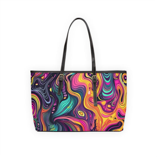 Large Leather Tote Shoulder Bag, Vibrant Psychedelic Kaleidoscope Boho